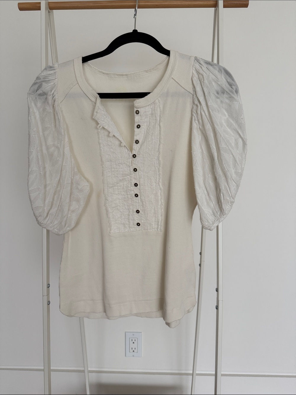 Anthropologie Ivory Textured Puff-Sleeve Henley Top
